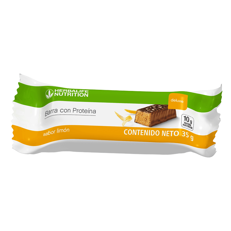 Barra de proteínas de lujo sabor limón con 10 g de proteína y 35 g de contenido neto.