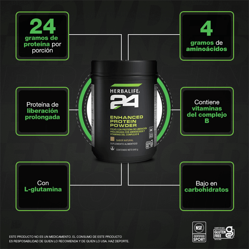 Herbalife24® Enhanced Protein Powder | 24g Protein Blend, container with key nutritional benefits and ingredients highlighted.
