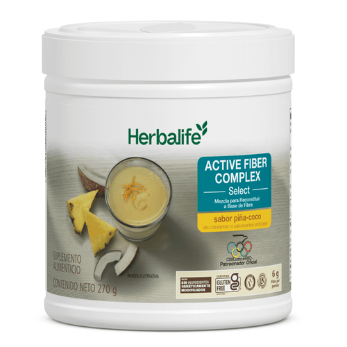 Active Fiber Complex Select Polvo para Preparar Bebidas sabor piña-coco en envase de 270g, producto sin gluten.
