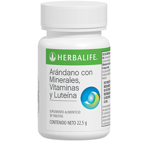 Envase de Arándano con Minerales, Vitaminas y Luteína, suplemento alimenticio de 30 tabletas de 22,5 g.