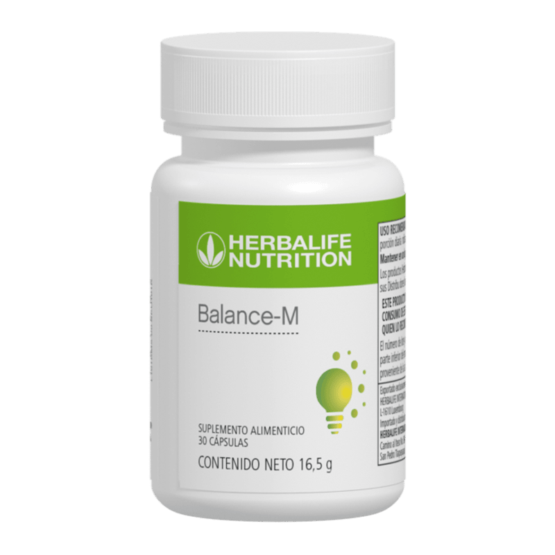 Frasco de suplemento Balance-M de Herbalife Nutrition, contiene 30 cápsulas de 16.5 g con Bacopa monnieri y vitaminas esenciales.