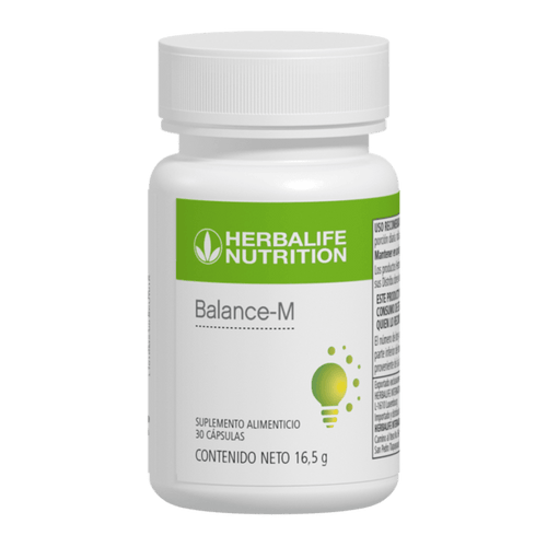 Frasco de suplemento Balance-M de Herbalife Nutrition, contiene 30 cápsulas de 16.5 g con Bacopa monnieri y vitaminas esenciales.