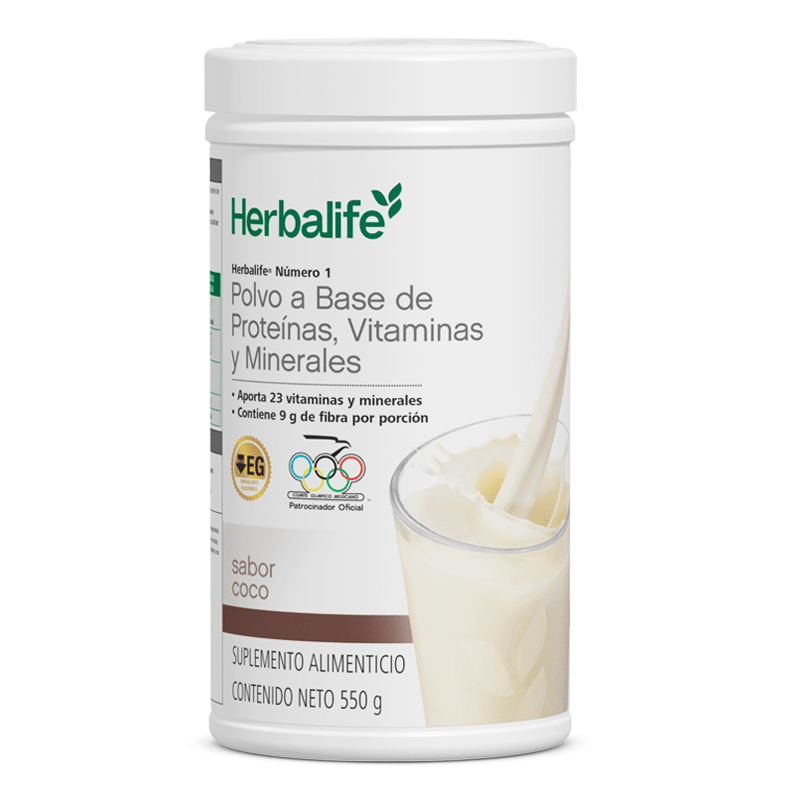 Herbalife Número 1 Agitar polvo bajo en grasas sabor coco para batido, 550 g, 23 vitaminas y minerales.