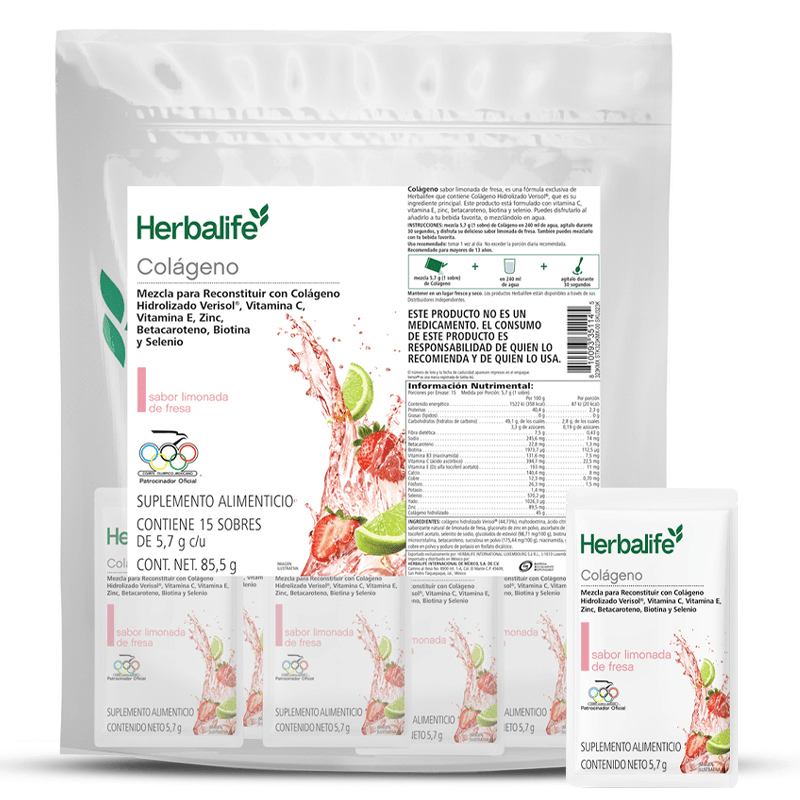 Colágeno Limonada de Fresa de Herbalife, mezcla con colágeno hidrolizado, vitamina C, E y zinc, 85.5 g, 15 sobres de 5.7 g.
