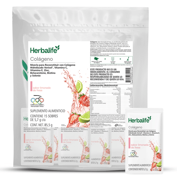 Colágeno Limonada de Fresa de Herbalife, mezcla con colágeno hidrolizado, vitamina C, E y zinc, 85.5 g, 15 sobres de 5.7 g.