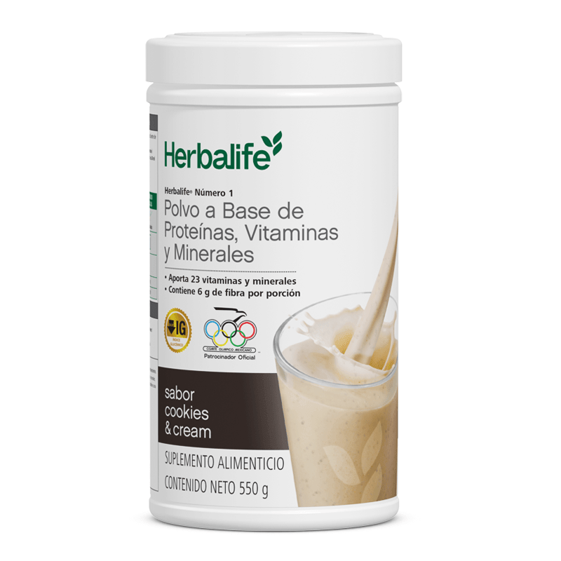 Herbalife Número 1 Agitar polvo de proteínas sabor cookies 'n cream en envase de 550 g, nutrición equilibrada y vitaminas.