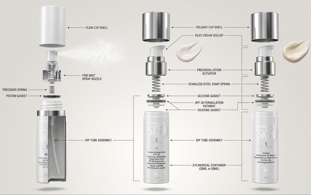 Technical product diagram showing a cosmetic pump bottle and its disassembled internal components, with labeled parts such as flow cap shell, fine mist spray nozzle, pressure spring, and silicone gasket on a light beige background.