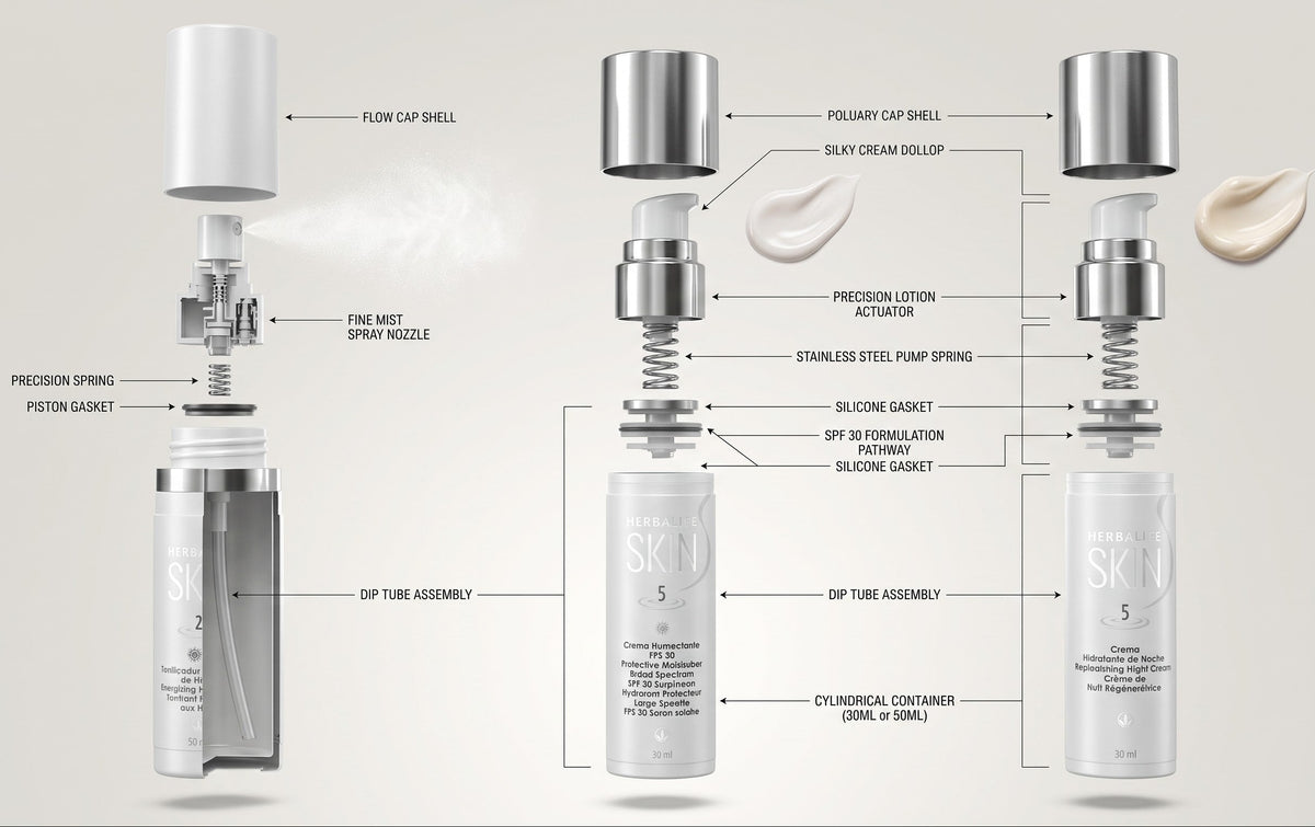 Technical product diagram showing a cosmetic pump bottle and its disassembled internal components, with labeled parts such as flow cap shell, fine mist spray nozzle, pressure spring, and silicone gasket on a light beige background.