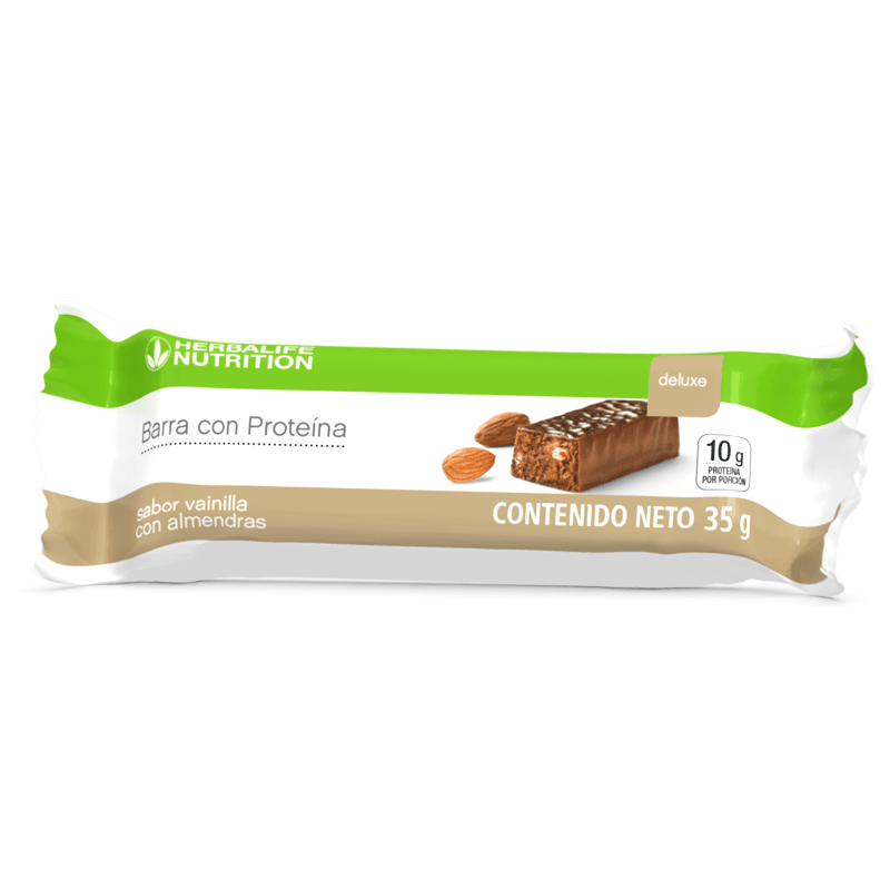 Barra de proteínas de lujo con sabor a vainilla y almendras, contiene 10 g de proteína por porción.