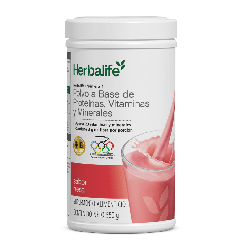 Herbalife Número 1 Agitar en polvo, sabor fresa, 550 g, complemento nutricional con proteínas y 23 vitaminas.