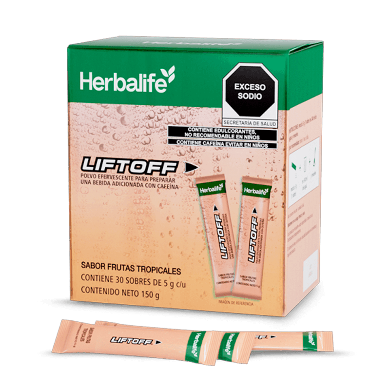 LiftOff de Herbalife, polvo efervescente sabor frutas tropicales, empaque con 30 sobres de 5 g, 150 g en total.