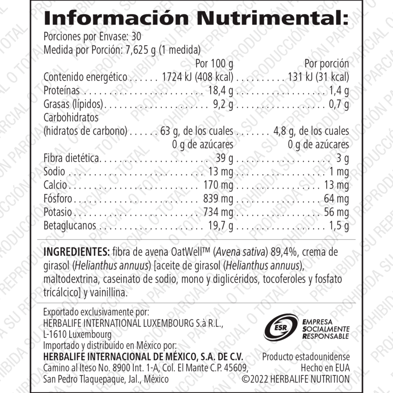 Herbalife Nutrition Betaglucanos información nutrimental del producto