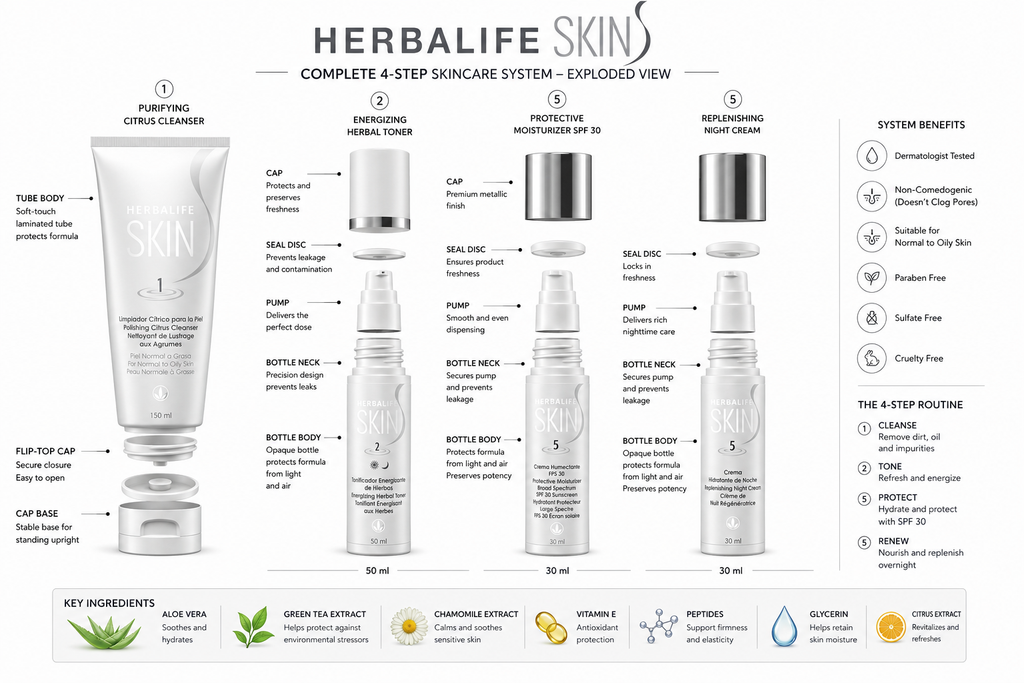 An infographic diagram for Herbalife Skin's Complete 4-Step Skincare System, showing five white skincare bottles and tubes with numbered steps, ingredient highlights, and system benefits on a white background.