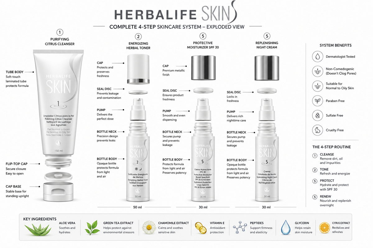An infographic diagram for Herbalife Skin's Complete 4-Step Skincare System, showing five white skincare bottles and tubes with numbered steps, ingredient highlights, and system benefits on a white background.