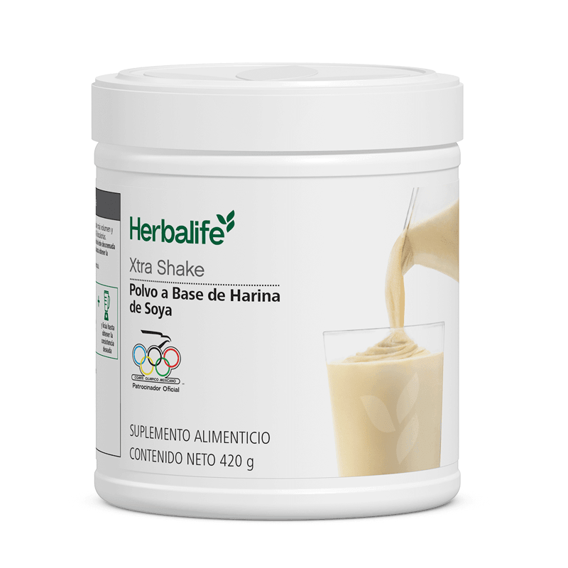 Xtra Shake Polvo para Preparar Batidos más Espesos y Cremosos, envase de 420 g con batido cremoso.