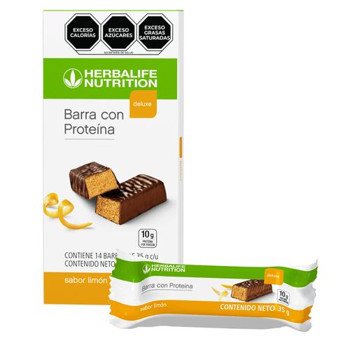 Barras de proteínas de lujo sabor limón de Herbalife con 10 g de proteína y 140 calorías por barra.