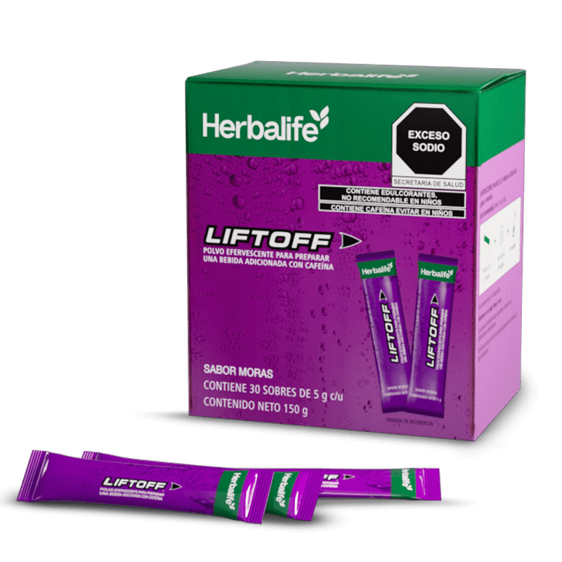LiftOff efervescente sabor moras, 30 sobres de 5 g cada uno, bebida con cafeína, Herbalife, 150 g.