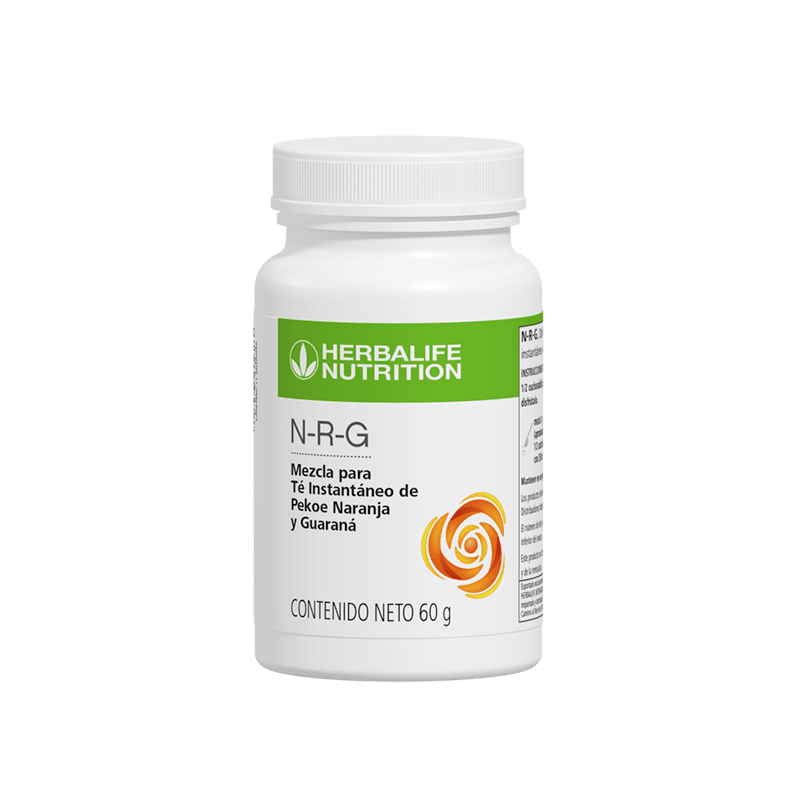 N-R-G instant tea blend in a 60g container with orange pekoe and guarana flavor by Herbalife Nutrition.