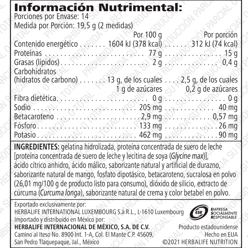 Información Nutricional de Mezcla proteica para bebida | 15 g de proteína en polvo, ingredientes y valores por porción.
