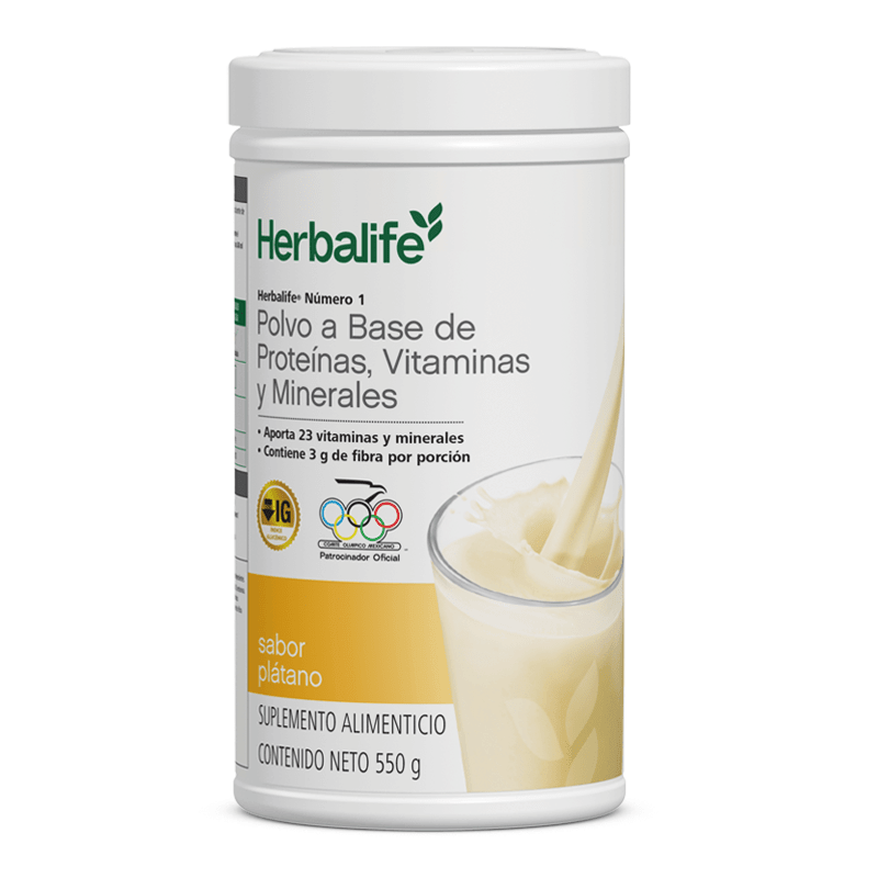Herbalife Número 1 Agitar, polvo a base de proteínas y vitaminas, sabor plátano, 550 g, suplemento alimenticio.