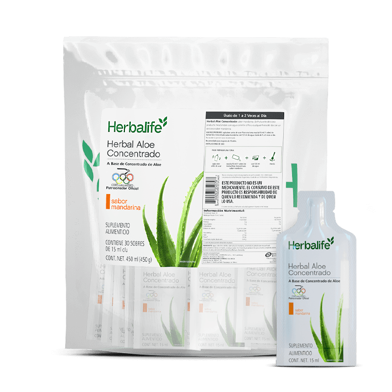 Porciones individuales Herbal Aloe Concentrado Mandarina en empaque, sabor mandarina, 30 porciones de 15 ml cada una.