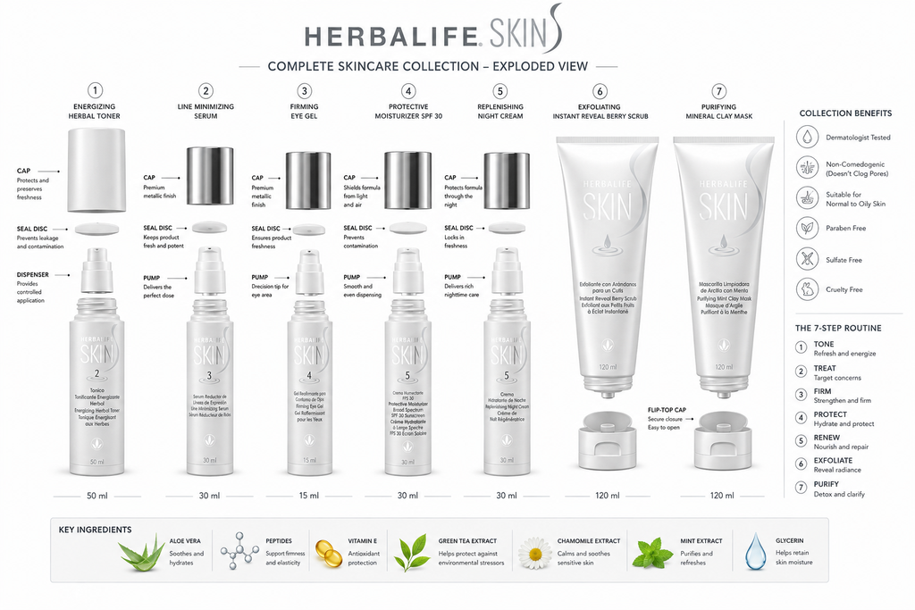 A product infographic for Herbalife Skins Complete Skincare Collection, showing multiple skincare bottles and tubes arranged in a step-by-step exploded view with labels, ingredient icons, and collection benefits on a white background.