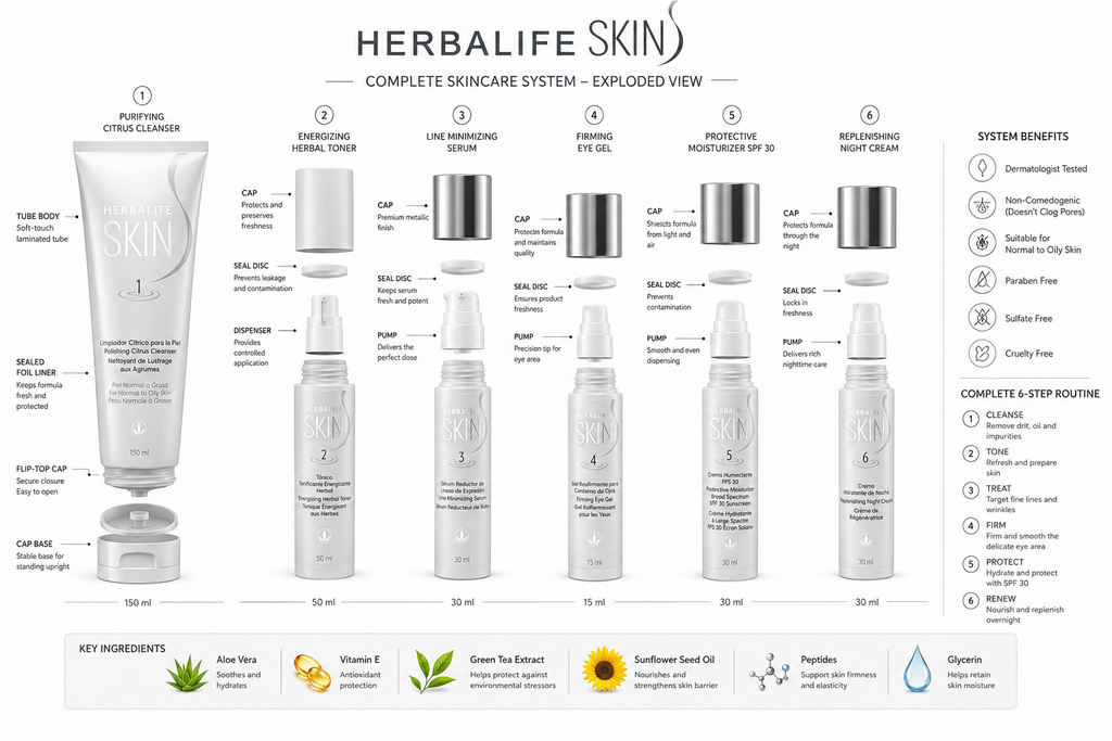A product infographic for Herbalife Skin Complete Skincare System, showing a 6-step routine with labeled bottles and tubes, system benefits, and key ingredients on a white background.
