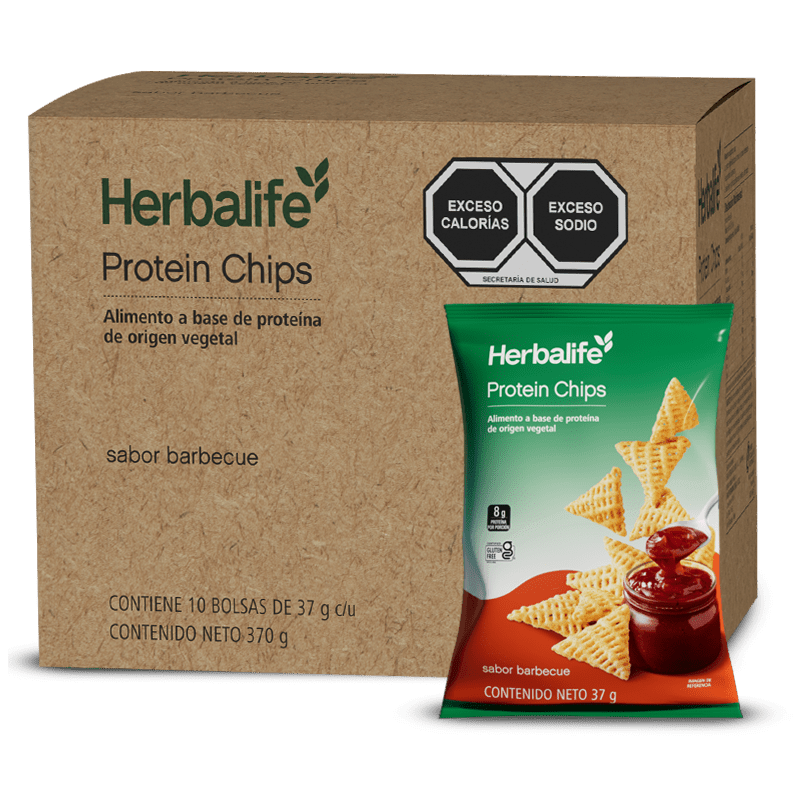 Protein Chips Barbecue packaging with BBQ flavor, 10 bags of 37g each, plant-based protein snack by Herbalife.