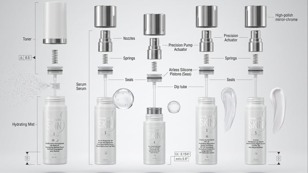 An exploded technical diagram showing multiple skincare pump bottles and applicators labeled with parts such as toner, serum, hydrating mist, nozzle, springs, seals, and dip tube on a light gray background.