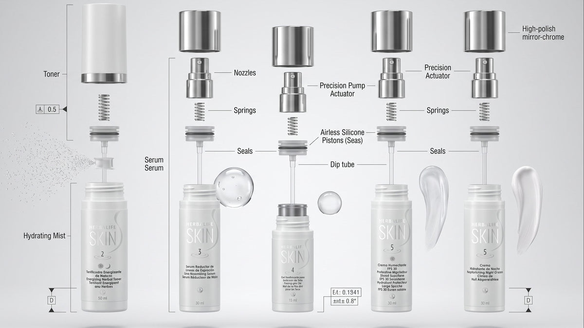 An exploded technical diagram showing multiple skincare pump bottles and applicators labeled with parts such as toner, serum, hydrating mist, nozzle, springs, seals, and dip tube on a light gray background.