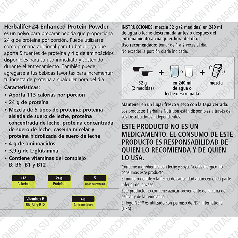 Herbalife24® Enhanced Protein Powder | 24g Protein Blend nutritional label with protein and amino acids information.
