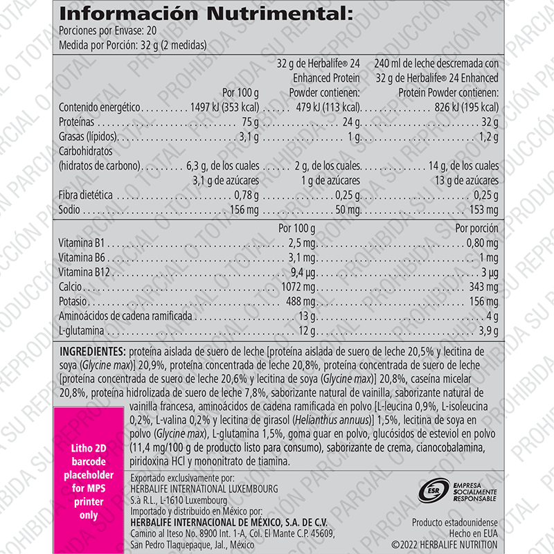 Infographic showing nutritional information for Herbalife24® Enhanced Protein Powder | 24g Protein Blend.