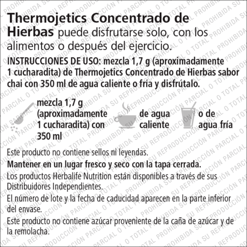 Instrucciones de uso de Thermojetics Concentrado de Hierbas Mezcla para Té Instantáneo con agua caliente o fría.