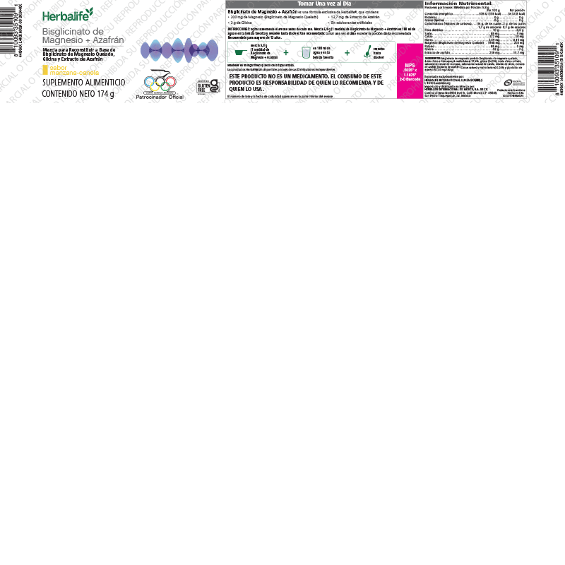 Etiqueta de Bisglicinato de Magnesio + Azafrán de Herbalife con ingredientes y recomendaciones de uso.