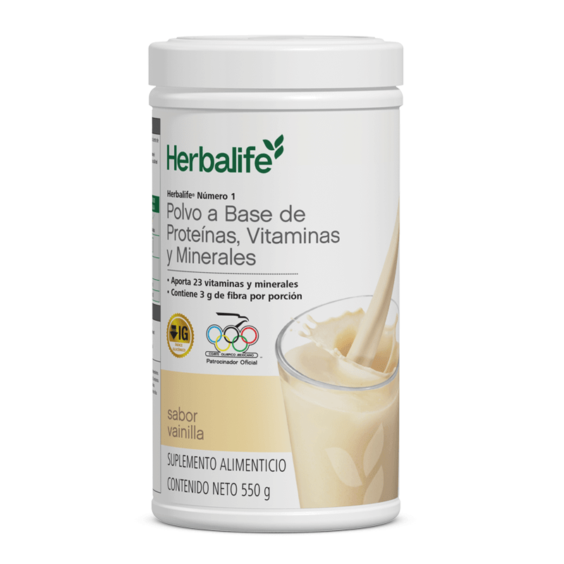 Herbalife Número 1 Agitar polvo sabor vainilla 550 g, suplemento alimenticio rico en proteínas y 23 vitaminas.
