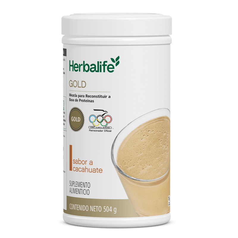 Herbalife GOLD sabor a cacahuate, suplemento alimenticio en envase de 504 g, mezcla para reconstituir a base de proteínas.