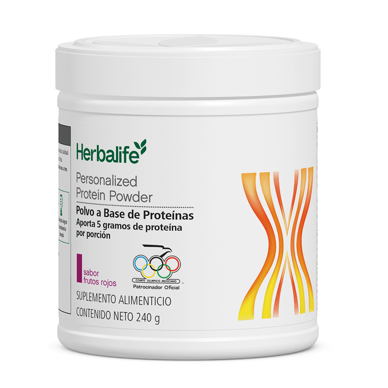 Personalized Powder Protein Blend | Soy & Whey Protein in 240g container, sabor frutos rojos, aporta 5 gramos de proteína por porción.