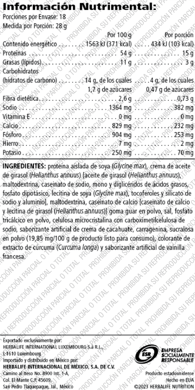 Información nutricional de Herbalife GOLD sabor, con detalles de proteínas, grasas y calorías por porción.