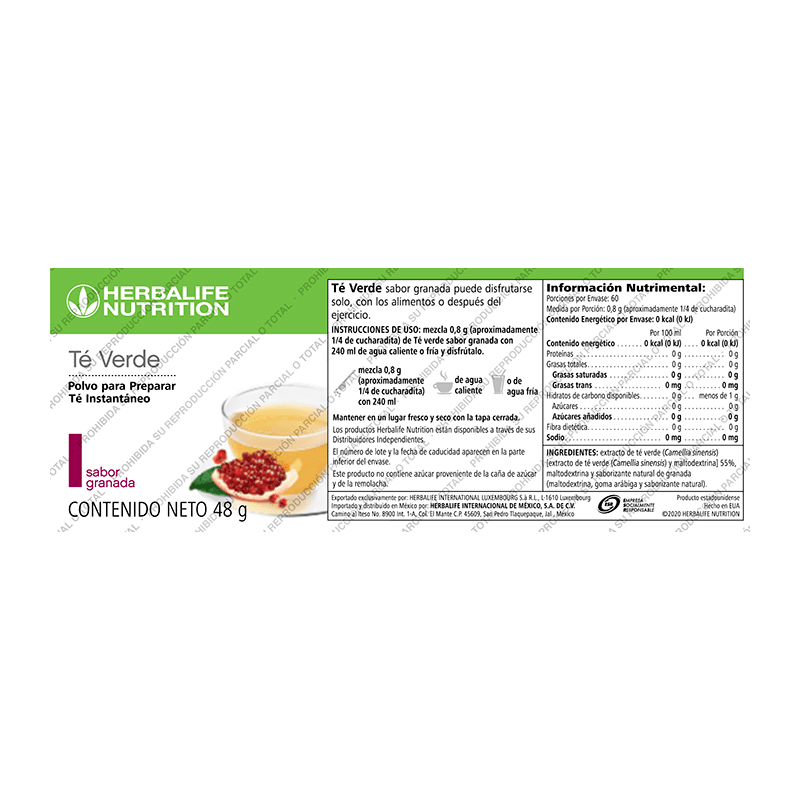 Té Verde sabor Granada  Polvo para preparar té instantaneo con instrucciones y información nutricional.