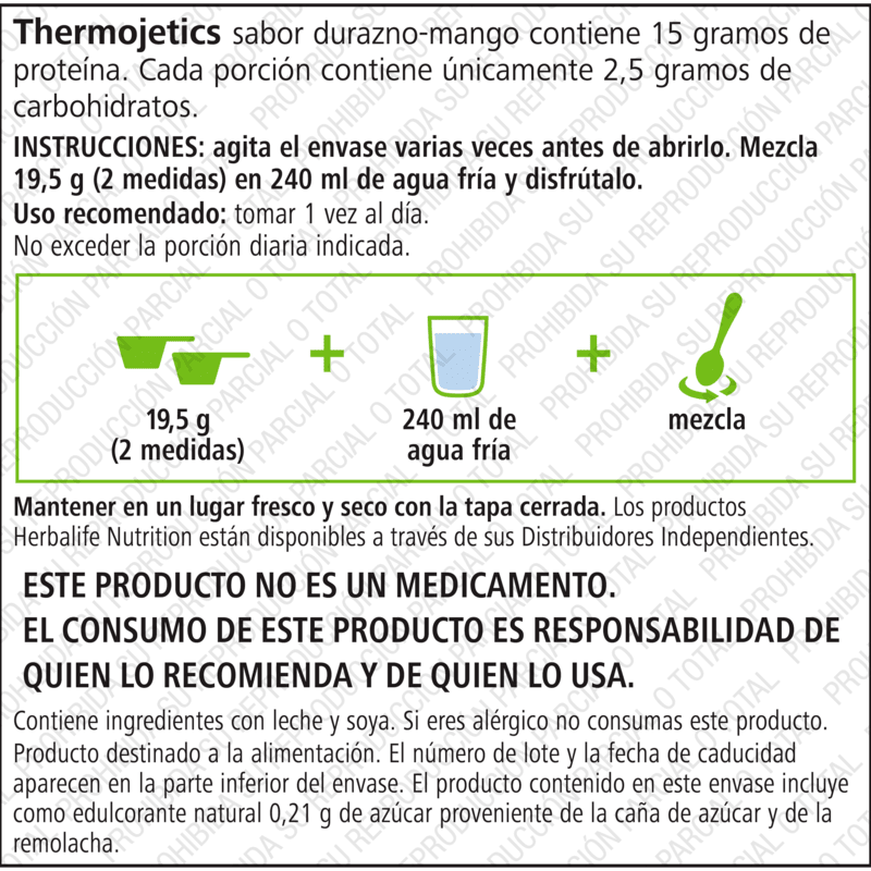 Thermojetics sabor durazno-mango mezcla proteica para bebida | 15 g de proteína en polvo.