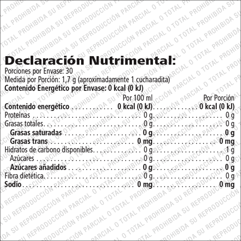 Tabla de declaración nutricional para Thermojetics Concentrado de Hierbas Mezcla para Té Instantáneo.